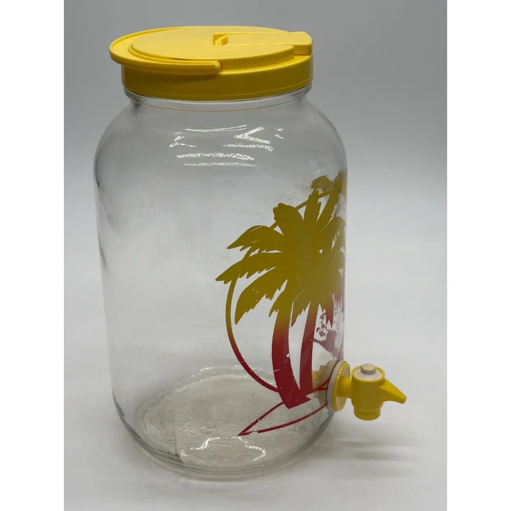 Vintage Sun Tea Glass Beverage Dispenser Palm Tree Tropical Retro 1 Gallon Jar